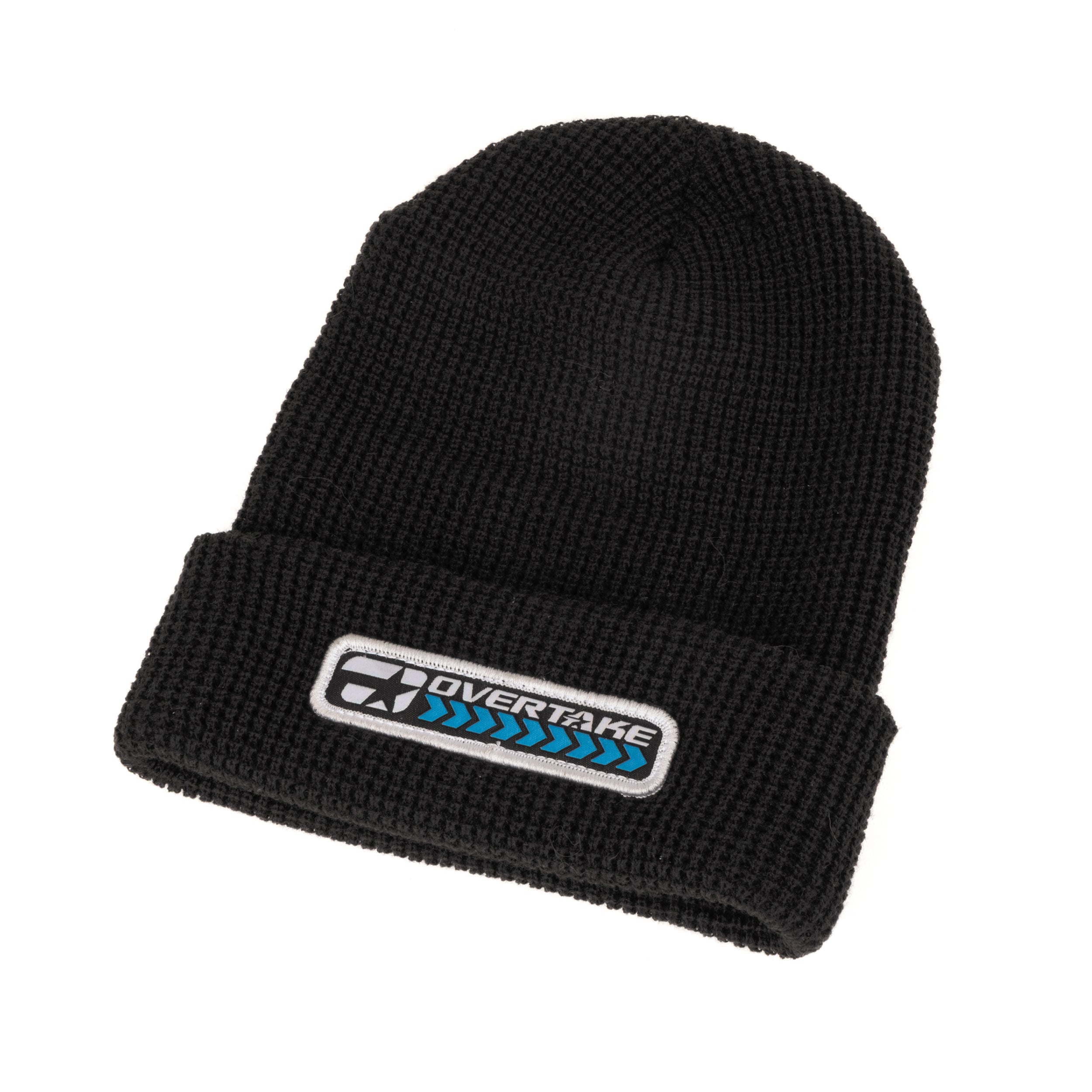 Black beanie with 'Overtake' logo on a white background