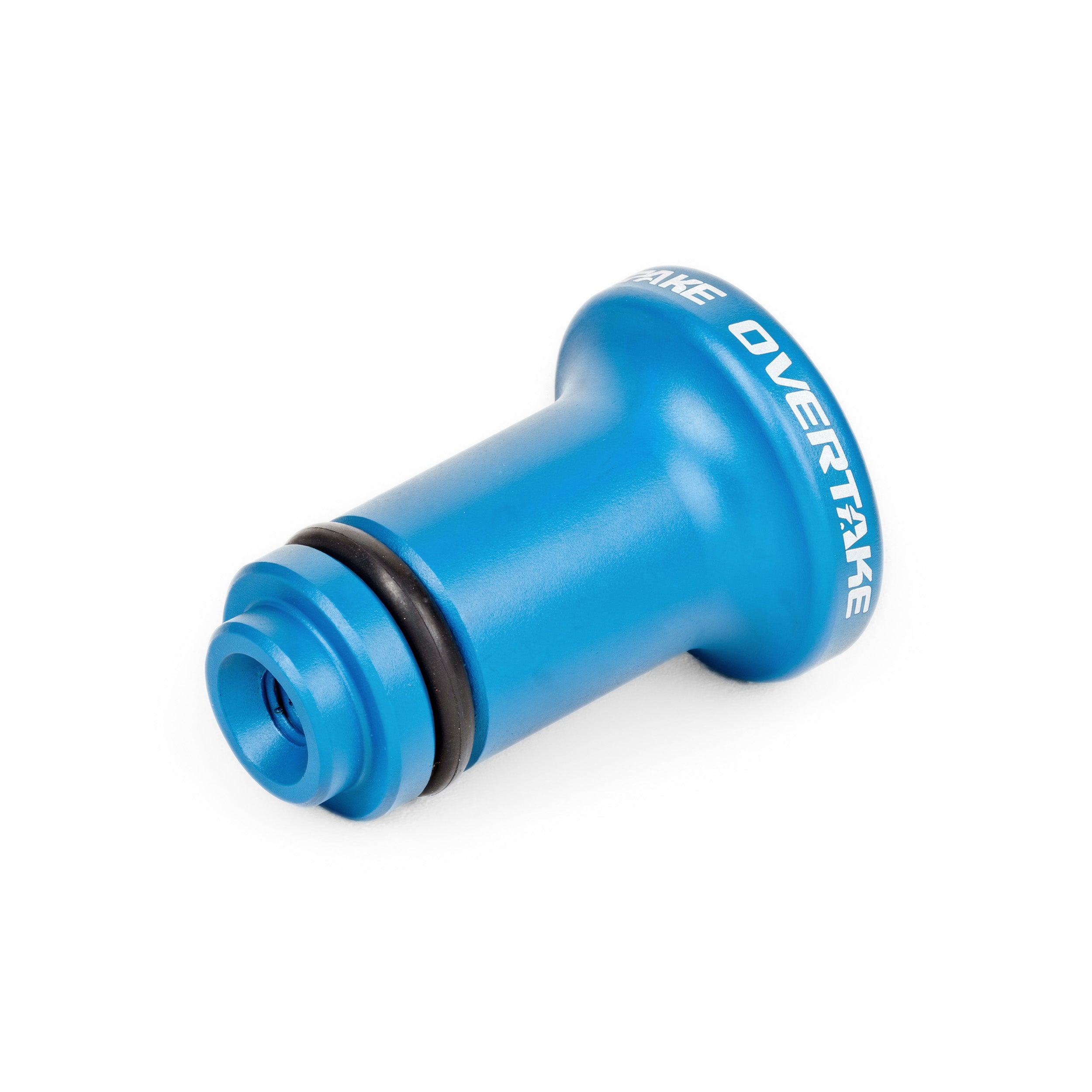 Close-up of Overtake e-brake drift button finish and machined detail #color_overtake blue