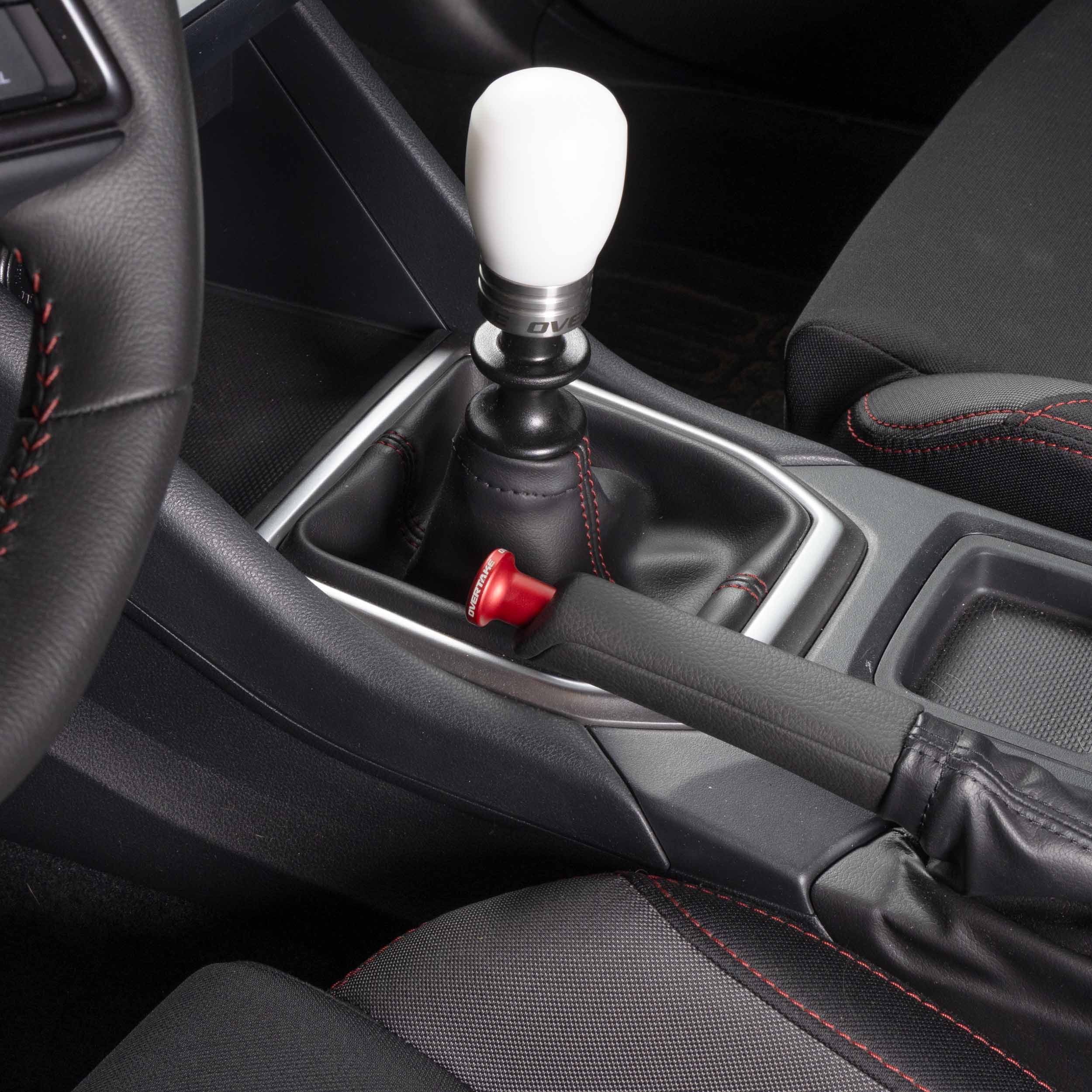 Billet aluminum drift button installed on Subaru WRX e-brake lever #color_red