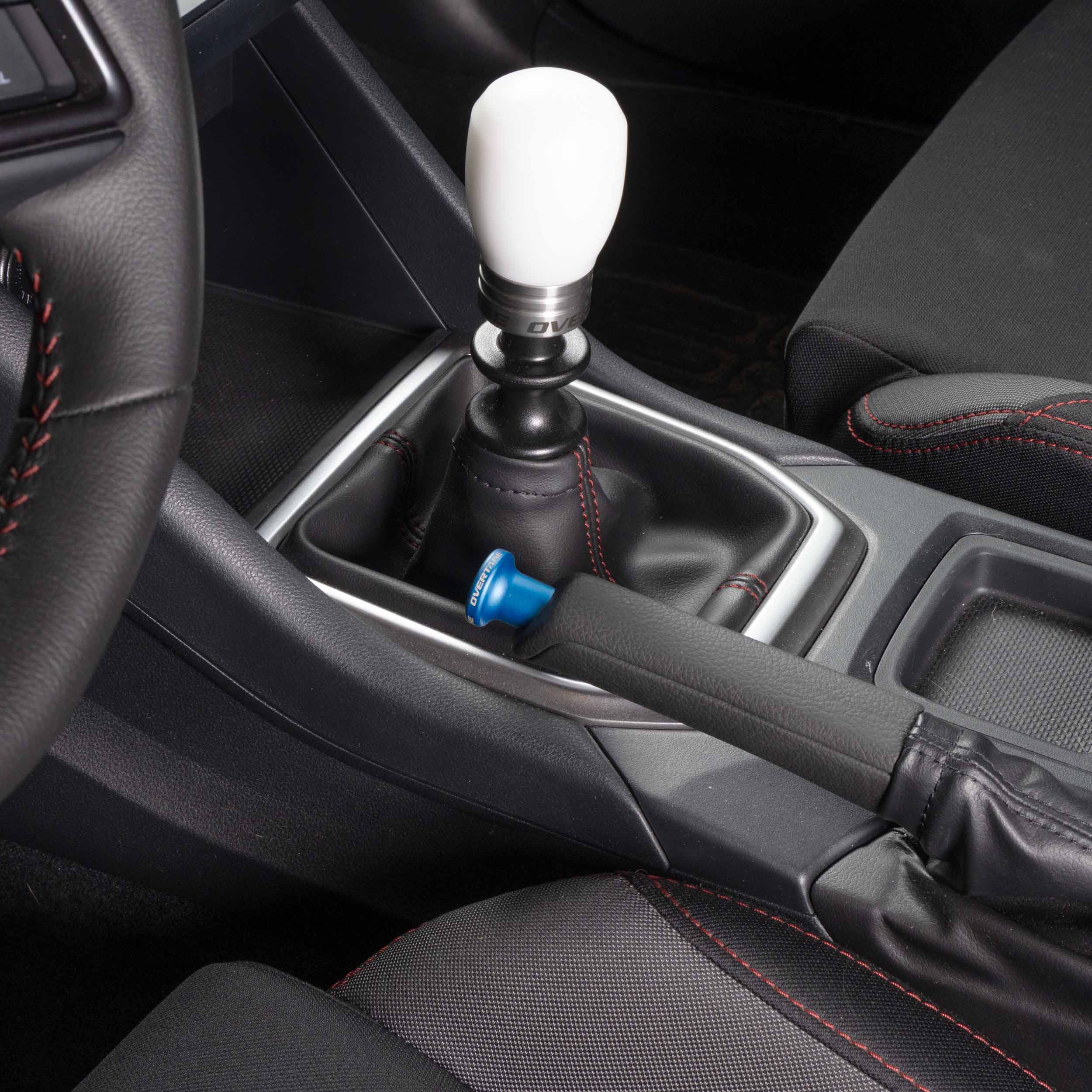 Billet aluminum drift button installed on Subaru WRX e-brake lever  #color_overtake blue