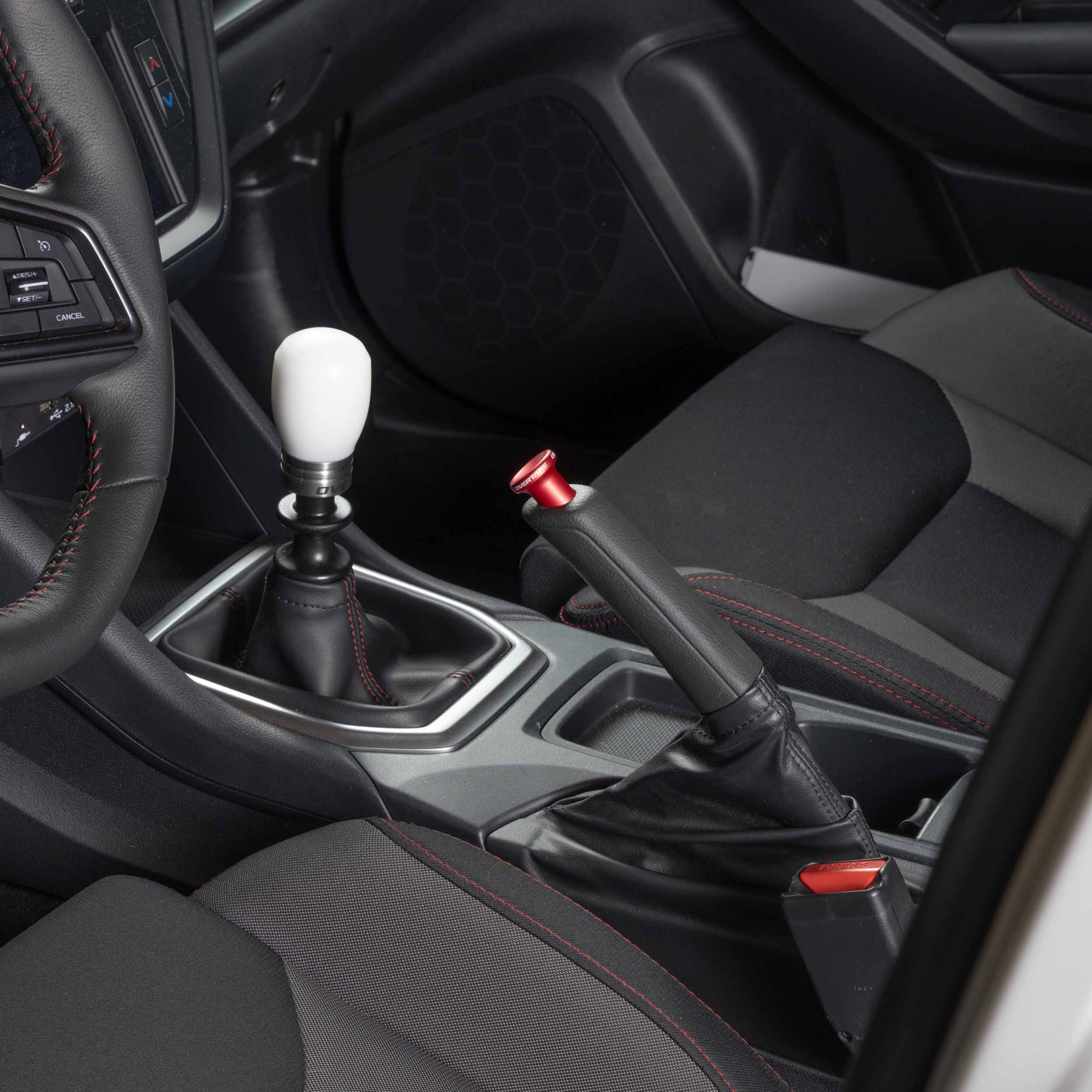 Billet aluminum drift button installed on Subaru WRX e-brake lever #color_red