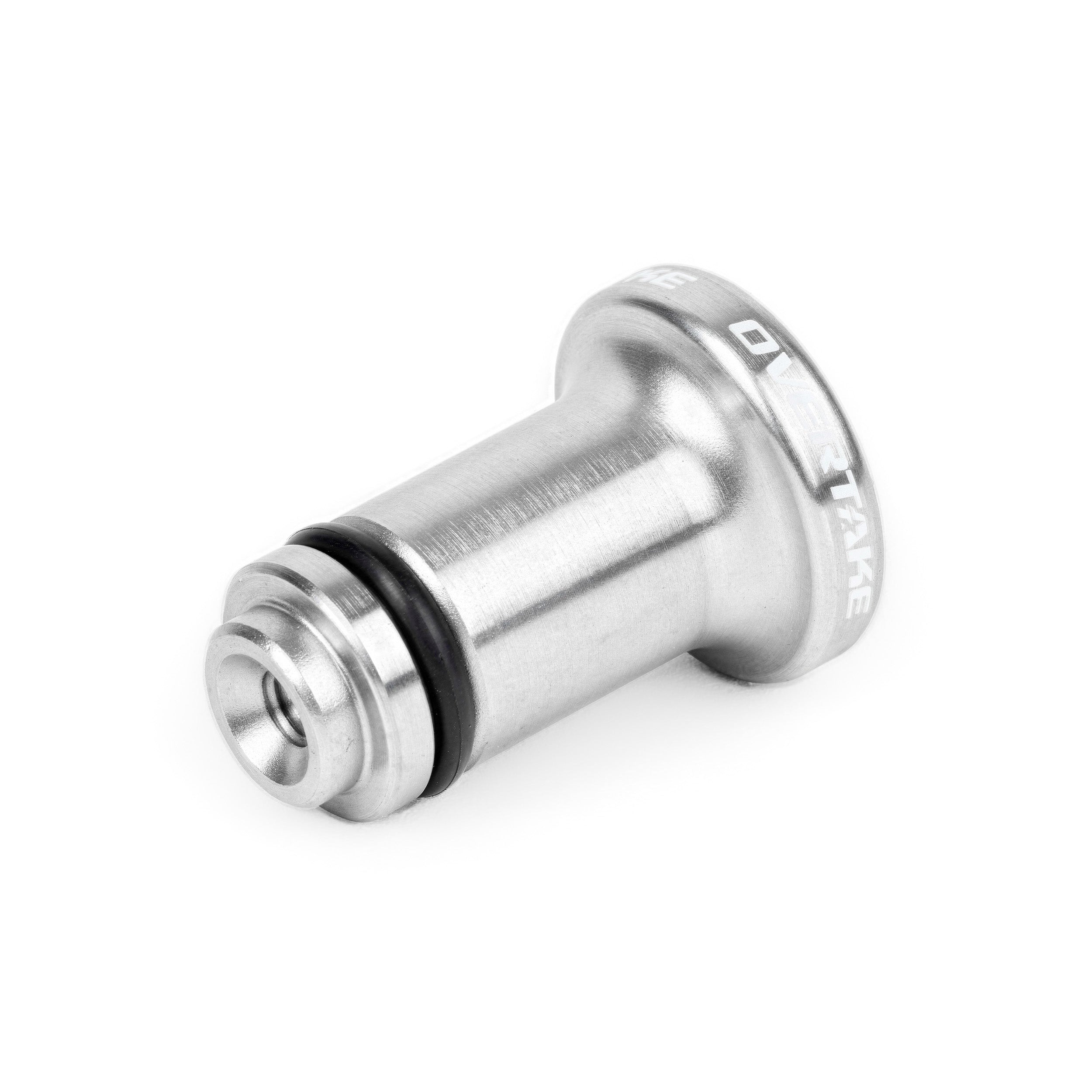 Close-up of Overtake e-brake drift button finish and machined detail #color_stainless steel